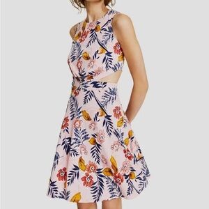 Bar III Pink Floral Cutout Crewneck A-Line Dress